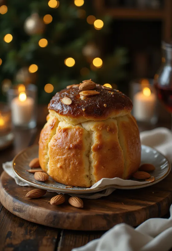 Panettone fatiado polvilhado com amêndoas, assado até ficar dourado, numa apresentação festiva