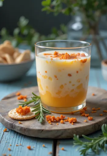 Kefir probiótico com colorau fumado, decorado com limão fresco e salsa