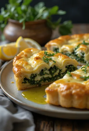 Spanakopita com azeite, massa dourada e estaladiça com rico recheio de espinafres