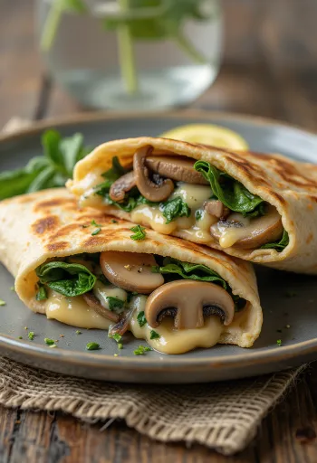 Wrap de espinafres e cogumelos, servido fresco, frito até dourar.
