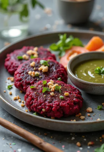 Hambúrgueres de beterraba veganos com salada fresca e salsa
