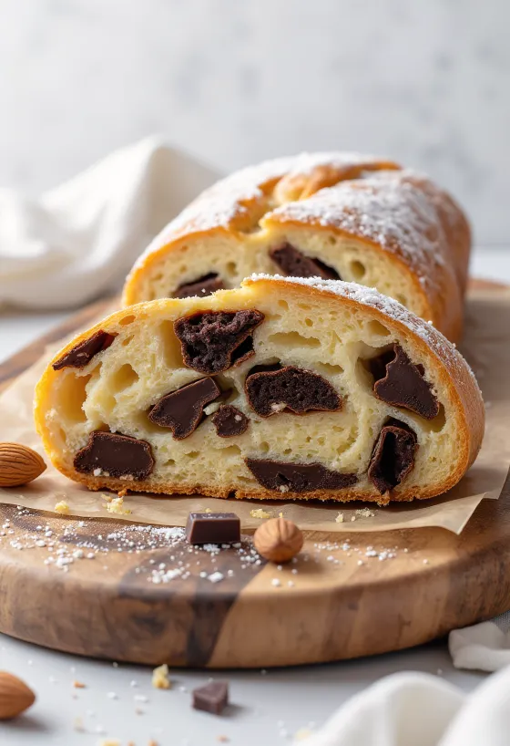 Fatia de Stollen de chocolate negro em prato de natal