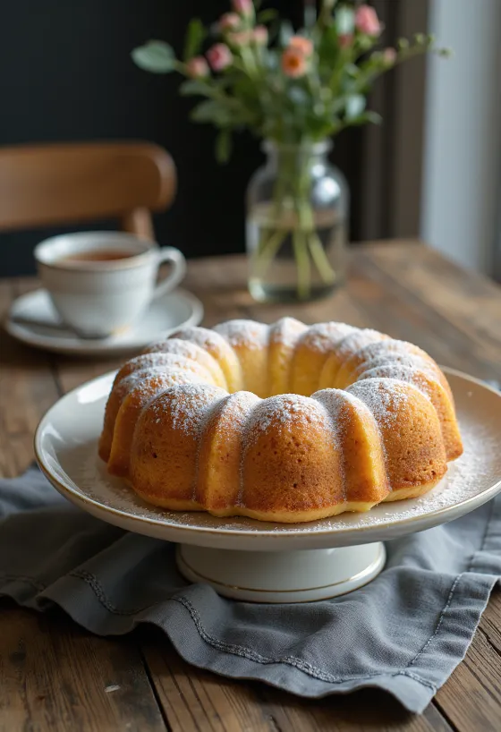 Bolo kuglof de maçapão polvilhado com açúcar em pó, cortado em fatias
