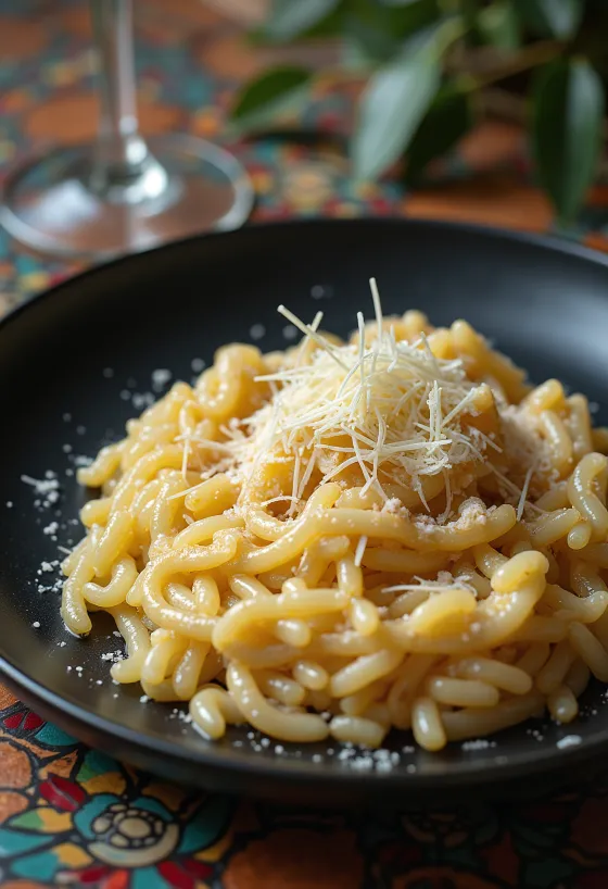 Risotto italiano de textura cremosa, decorado com queijos e especiarias