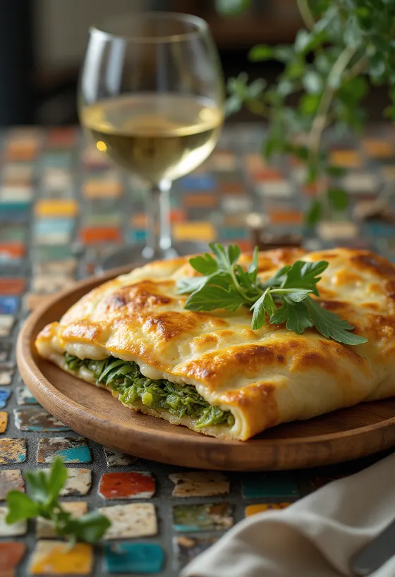 Calzone de pesto e rúcula servido