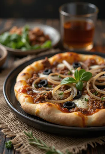 Pizza Libyenne com carne picada e azeitonas