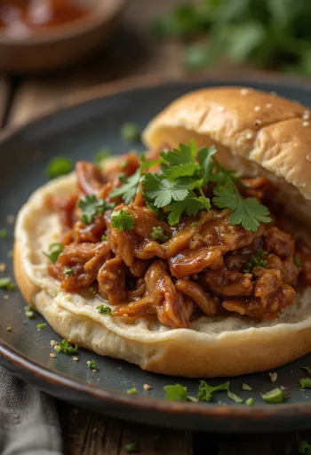 Pulled Duck, carne de pato barbecue desfiada servida com coentros frescos e salada de couve