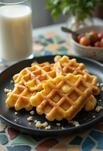 Waffles de queijo acabados de fazer com exterior dourado e estaladiço
