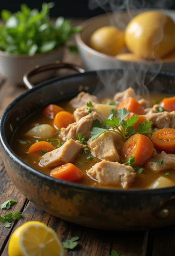 Sinigang com estufado de legumes, sopa rica de carne com legumes frescos