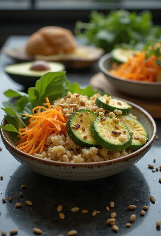 Buddha bowl de abacate e curgete servido