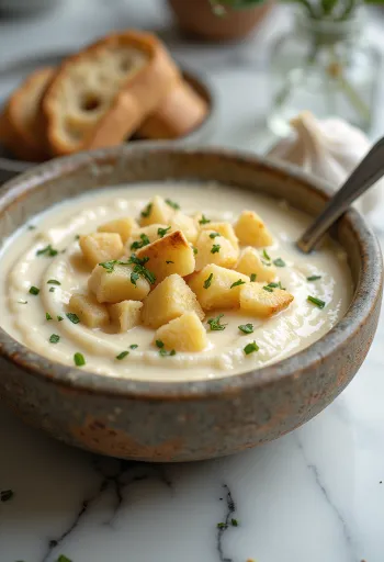 Creme de alho cremoso com cubos de pão torrado e salsa fresca.