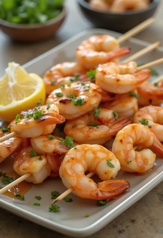 Satay de camarão, camarões grelhados em espetos, acompanhados de vegetais frescos