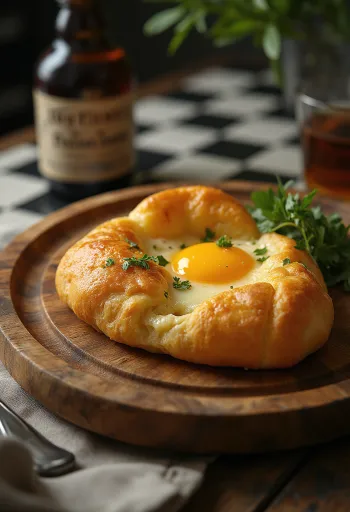 Khachapuri, tarte dourada recheada com rico recheio de queijo