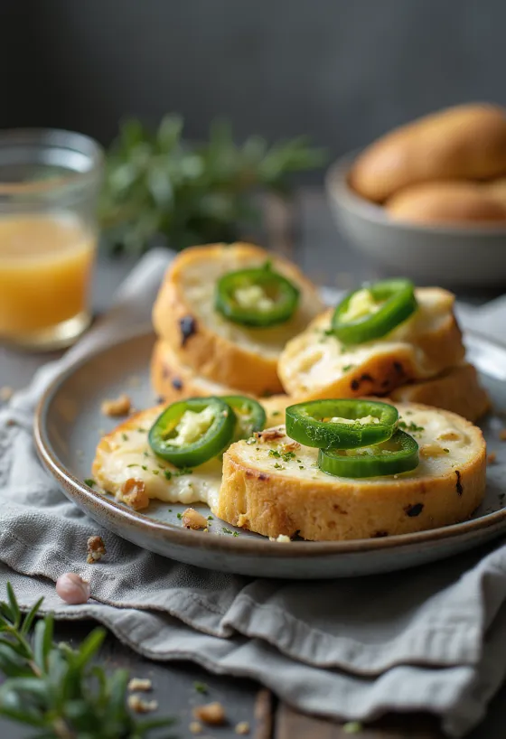 Leipäjuusto com jalapeño, tostado com coentros frescos e azeite, servido.
