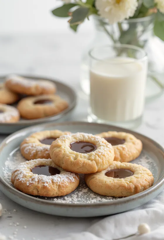 Linzer com creme de avelã polvilhado com açúcar em pó, servido num prato