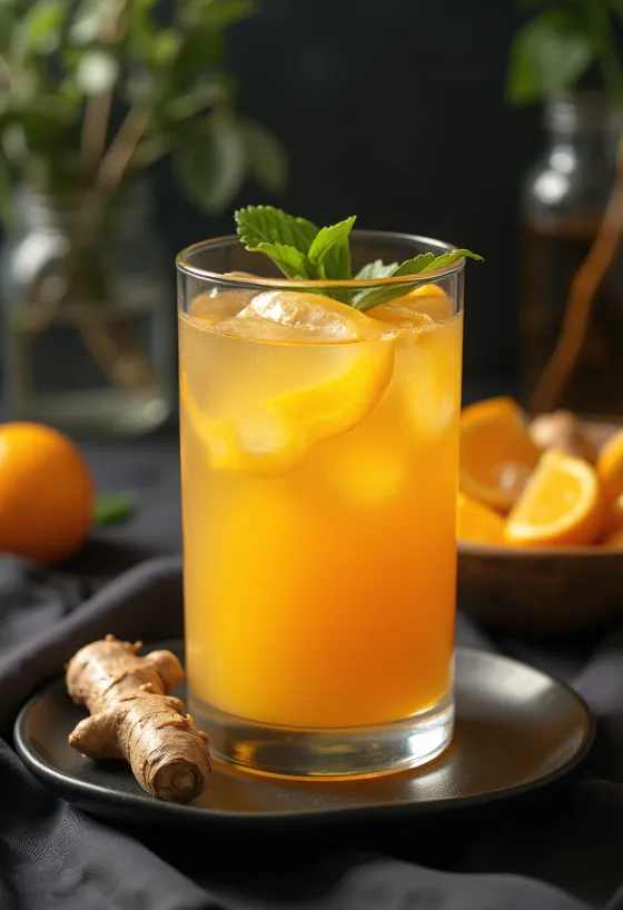 Sumo de laranja com gengibre servido fresco