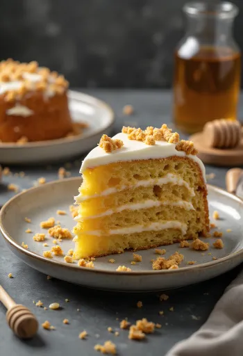 Bolo de mel russo com camadas de creme e decorado com migalhas de massa