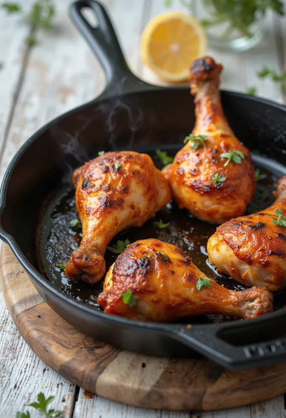 Coxa de frango assada com tempero picante servida com legumes frescos.