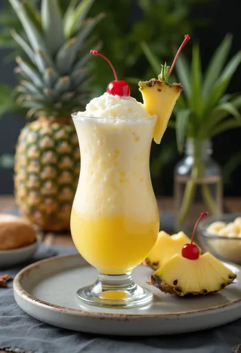Piña Colada decorada com ananás fresco e cereja de cocktail