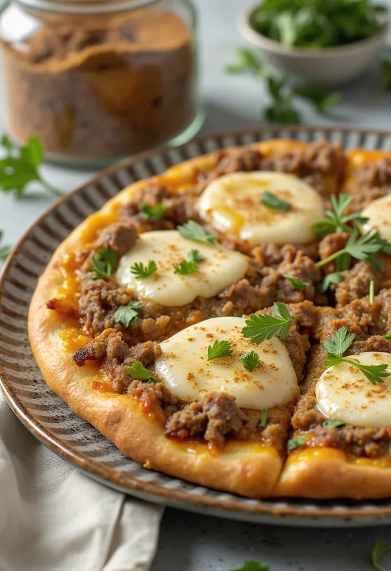 Pizza Maroccaine com borrego picado e especiarias