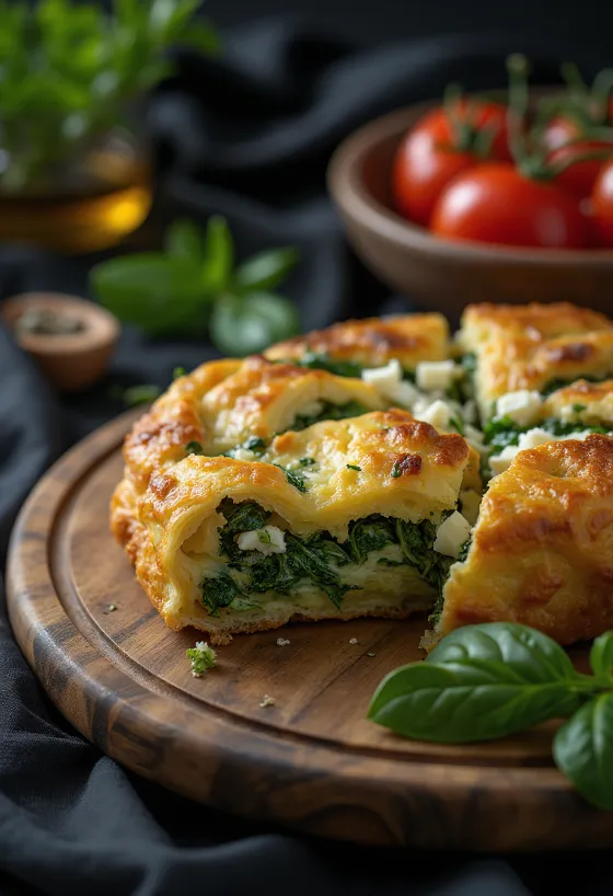 Plăcintă com espinafres, servida com massa folhada e queijo feta