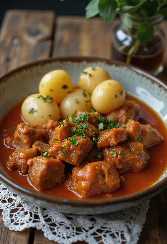 Pörkölt de carneiro servido com pão fresco e pickles