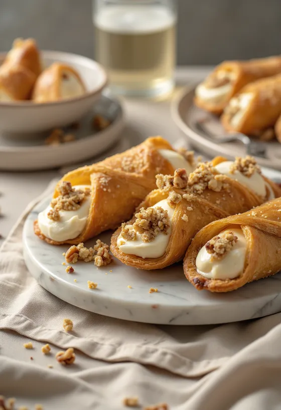 Sobremesa cannoli de crocante de noz servida