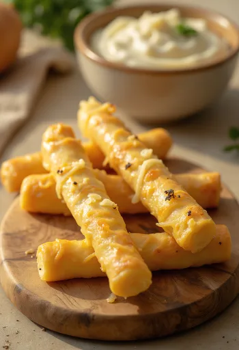 Palitos de queijo crocantes assados até ficarem dourados, ricamente polvilhados com queijo ralado