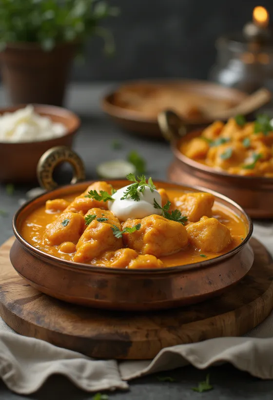 Chicken Makhani, frango com molho de manteiga indiano decorado com coentros frescos