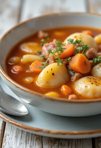 Falso goulash ricamente temperado com legumes e colorau