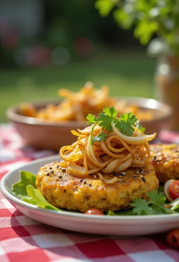 Fatia de Handvo dourado coberto com cebola frita crocante