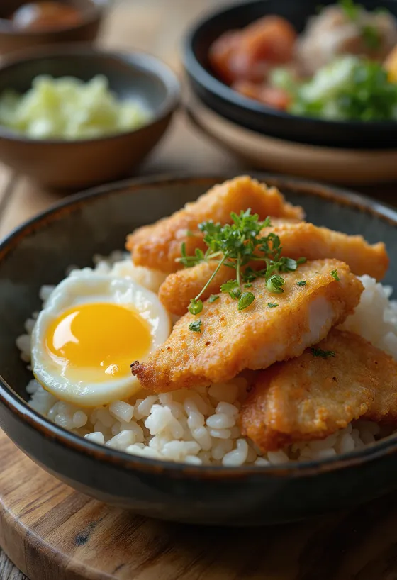 Katsu Donburi servido com carne de porco panada estaladiça e molho de ovo