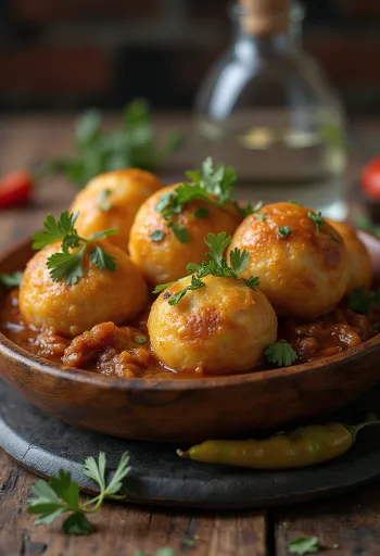 Bolas de litti estaladiças cortadas mostrando o recheio de carne de vaca