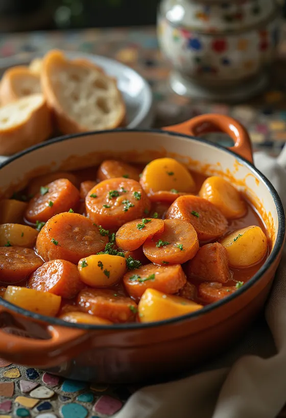 Batatas com colorau com pedaços de batata suculentos, chouriço fumado e polvilhadas com salsa fresca