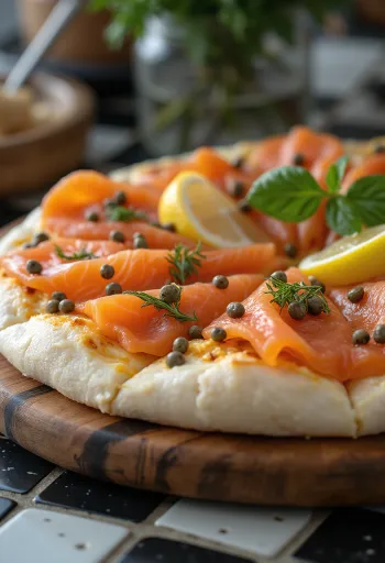 Pizza de salmão com salmão fumado e natas azedas