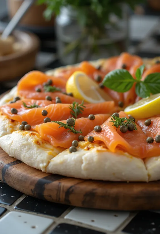 Pizza de salmão com salmão fumado e natas azedas