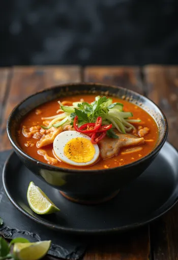 Tigela de Asam Laksa com caldo de peixe escuro massa e ervas frescas