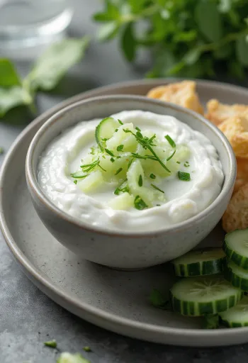 Molho de pepino com iogurte servido com legumes frescos