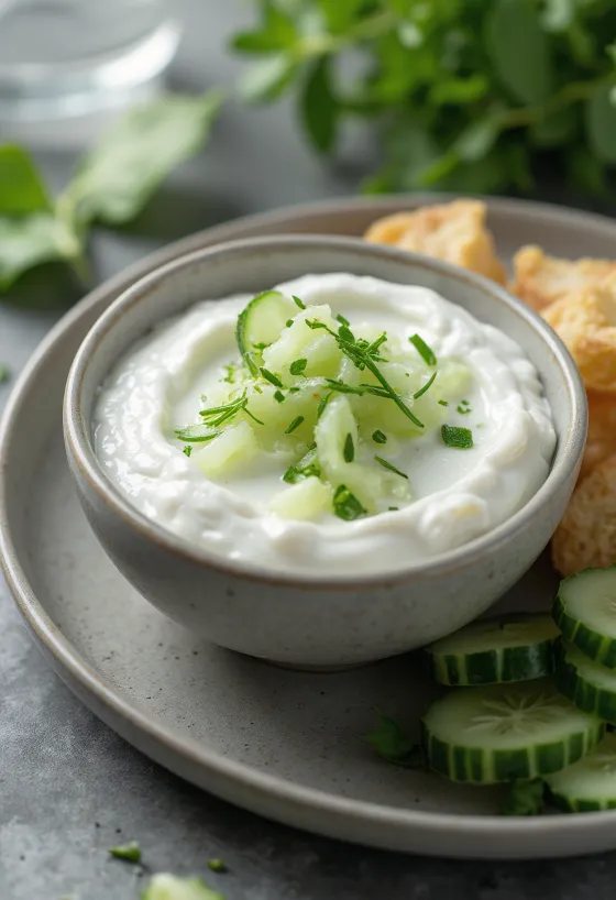 Molho de pepino com iogurte servido com legumes frescos