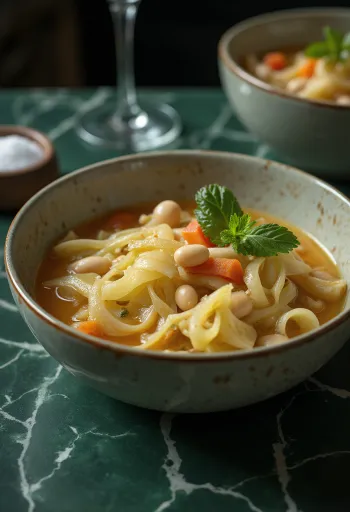 Minestrone servido com couve-lombarda, legumes e massa