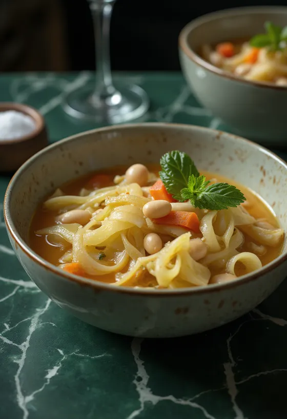 Minestrone servido com couve-lombarda, legumes e massa