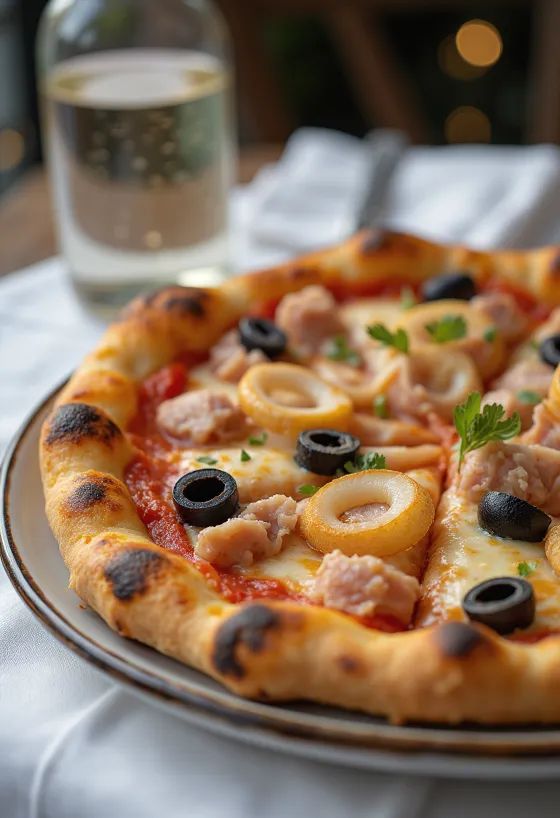 Pizza de atum com cebola roxa e azeitonas pretas