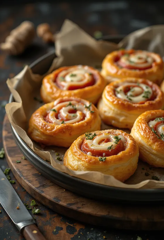 Caracóis de pizza acabados de fazer recheados com queijo derretido e molho de tomate, servidos num prato.