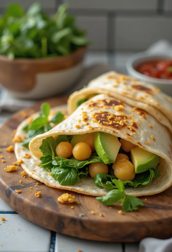 Wrap de espinafres com grão-de-bico, abacate e legumes frescos servido