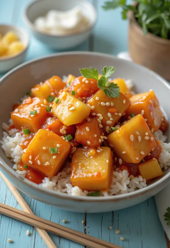Tofu frito com molho agridoce, pimento e ananás