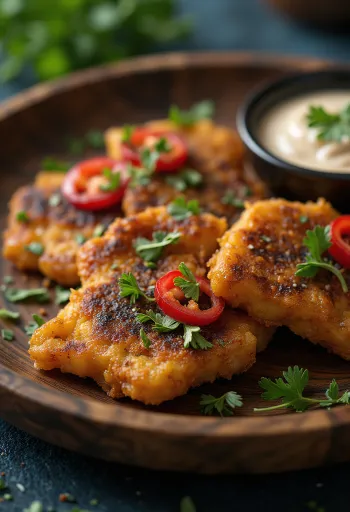 Fatias de tempeh frito dourado com coentros verdes