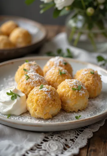 Bolinho de queijo quark macio polvilhado com natas azedas doces e pão ralado torrado.