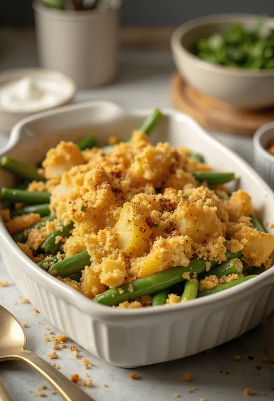 Feijão-Verde Gratinado Vegan com batata servido