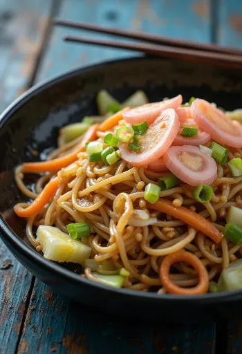 Yakisoba com legumes, massa salteada servida com legumes coloridos