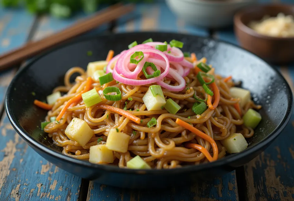 Yakisoba com legumes, massa salteada servida com legumes coloridos